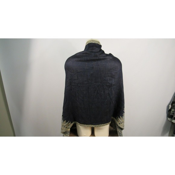 Vtg Boho Indigo Blue Paisley Shawl Wrap Gold Metallic Lame Textile - Picture 5 of 12